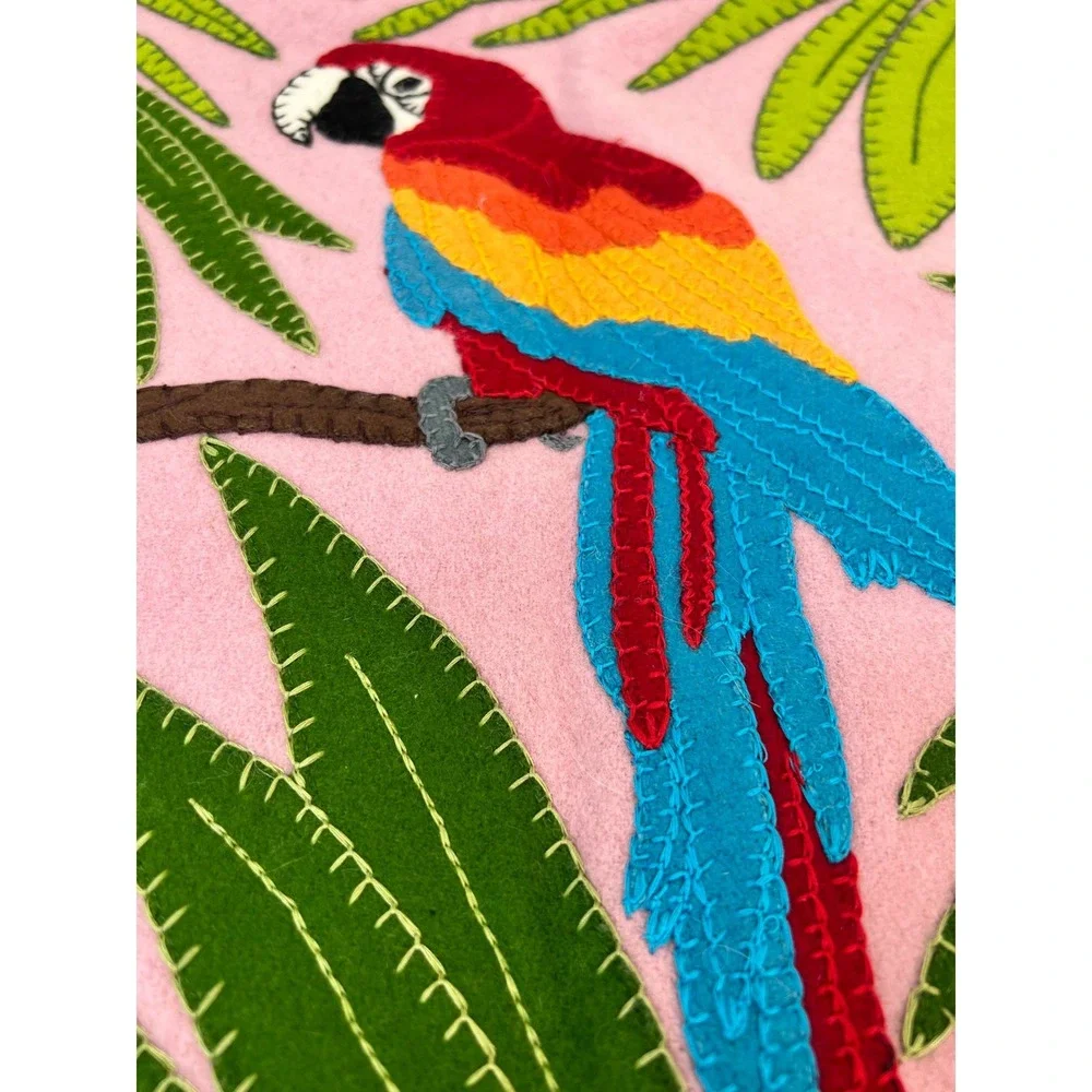 Jan Constantine England Parrot Embroidered Pink Felt‎ Pillow Cover Decor